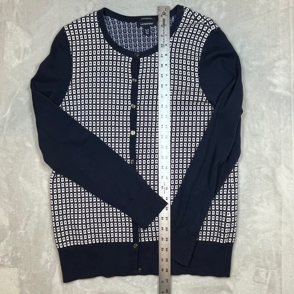 Lands' End Women's Cardigan Blue White Geometric Pattern L/T (14-16) 100% Supima - Picture 14 of 16